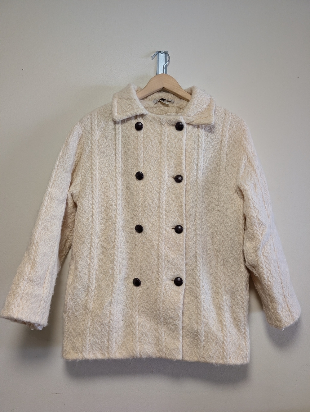 Boyne Valley Weavers Wool Coat Ireland Cream Double Breasted M